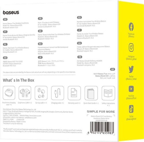 אוזניות אלחוטיות Baseus Bowie E20 – צבע לבן