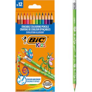 חבילת 12 עפרונות צבעוניים מחיקים BIC קידס אילוז’ן