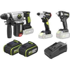 סט כלים 20V Worx – פטישון 24 מ"מ + מברגת אימפקט + מפתח רטיטה + 2 סוללות 4Ah
