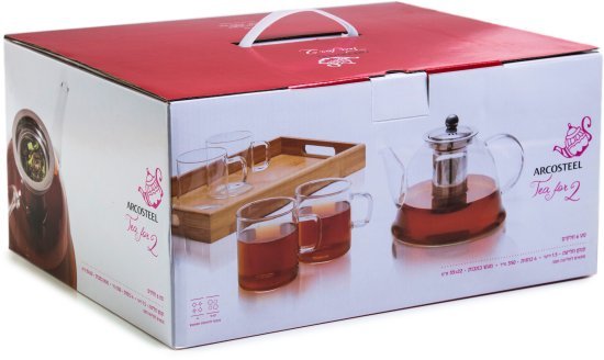 Arcosteel Tea For Two קנקן תה זכוכית 1.5 ל׳ + 4 כוסות 350 מ״ל + מגש במבוק