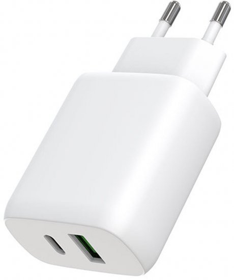 מטען קיר Power-Tech USB-Type C + USB-A 25W - צבע לבן