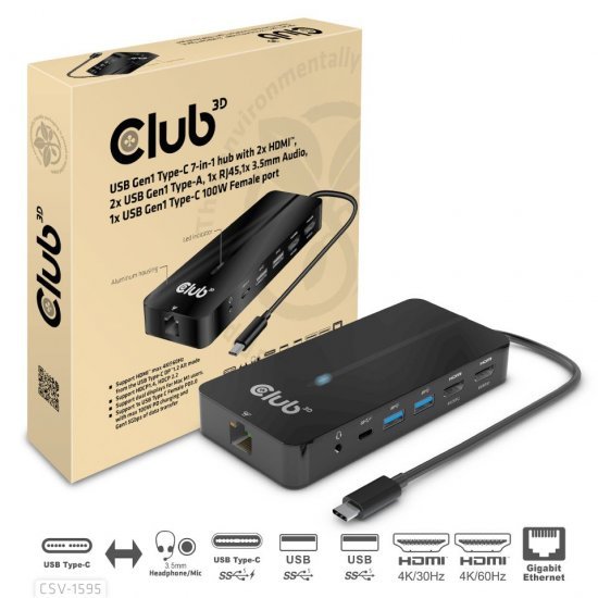 201751_b_1.jpg מתאם Club 3D USB Type-C 7-in-1 מחיבור USB Type-C לחיבור 2xHDMI, 2xUSB Gen1 Type-A, 1xRJ45, 1x3.5mm Aoudio, 1x USB Gen1 Type-C 100W