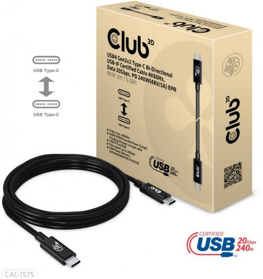 כבל Club3D 4K60Hz 20Gbps PD 240W 48V / 5A EPR CAC-1575 בחיבור USB4 Type-C זכר - אורך 2 מטר
