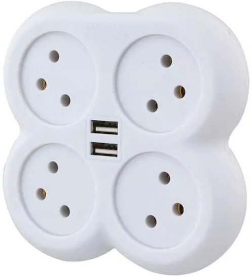 239466_b_1.jpg מפצל ביתי 4 שקעים פרפר + 2 חיבורי Semicom SW-ADP4 / U USB