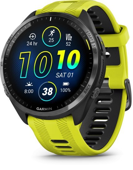 שעון מולטיספורט חכם Garmin Forerunner 965 GPS 47mm - מסגרת טיטניום בצבע אפור פחמן עם ציפוי DLC, קייס שחור ורצועת סיליקון בצבעי שחור / Amp Yellow - כולל תמיכה מלאה בעברית - שנתיים אחריות יבואן רשמי על ידי רונלייט