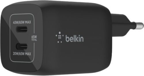 מטען 65W בעל 2 חיבורי USB-C מבית Belkin - בצבע שחור