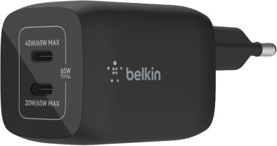 מטען 65W בעל 2 חיבורי USB-C מבית Belkin - בצבע שחור