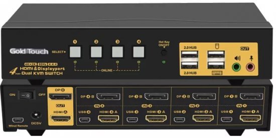 273767_b_1.jpg מתג KVM בעל יציאות HDMI ו-DP ל-4 מסכים עם כבל Gold Touch KVM-DPHD-4-2