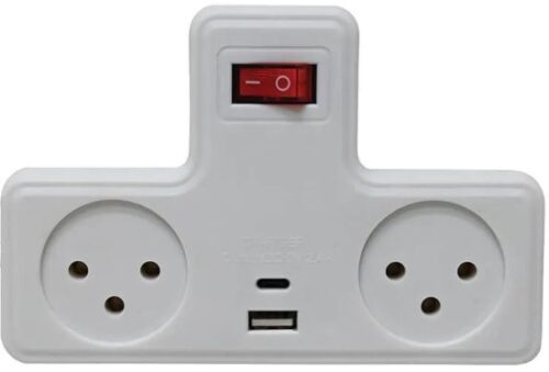 מפצל חשמל T עם מפסק, 2 שקעים וחיבורי TYPE C + USB מבית Semicom