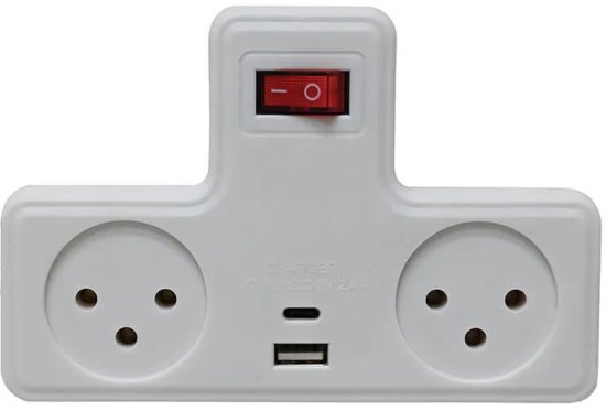 מפצל חשמל T עם מפסק, 2 שקעים וחיבורי TYPE C + USB מבית Semicom
