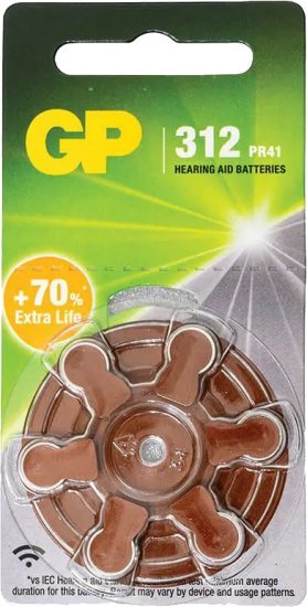 6 סוללות ZA312 למכשיר שמיעה 1.45V 7.9mm x 3.6mm מבית GP