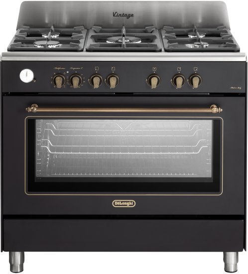 תנור משולב כיריים גז רחב 90 ס''מ 87 ליטר 9 תוכניות 5 מבערים Delonghi PEMA965C-IL - צבע שחור פחם