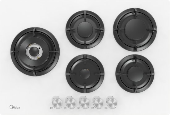 כיריים גז 5 להבות בישול 75 ס''מ Midea - זכוכית לבנה
