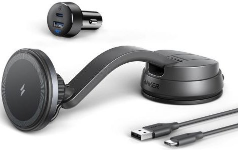309271_b_1.jpg מעמד טעינה מגנטי אלחוטי לרכב כולל כבל טעינה ומטען לרכב עם 2 יציאות Anker MagGo - צבע שחור