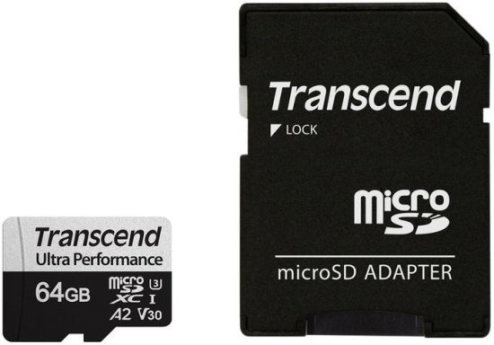 כרטיס זכרון Transcend USD340S Micro SDXC UHS-I U3 A2 V30 C-10 TS64GUSD340S - נפח 64GB - כולל מתאם ל-SD