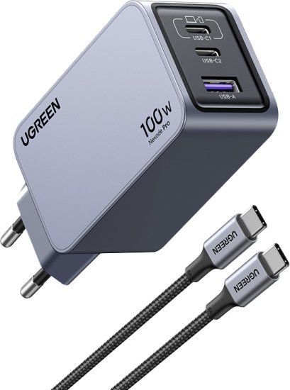 מטען קיר GaN בהספק 100W טעינה מהירה 3 יציאות בחיבור USB Type-C ו-USB Type-A מבית UGREEN