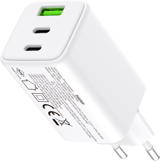 מטען קיר 65W עם 2 כניסות USB-Type C + כניסת USB-A מבית Power-Tech - צבע לבן