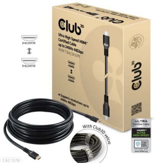 כבל HDMI 2.1 Ultra High Speed זכר ל-HDMI זכר באורך 7.5 מטר עם תמיכה ב-Club3D CAC-1378 4K240Hz / 8K60Hz