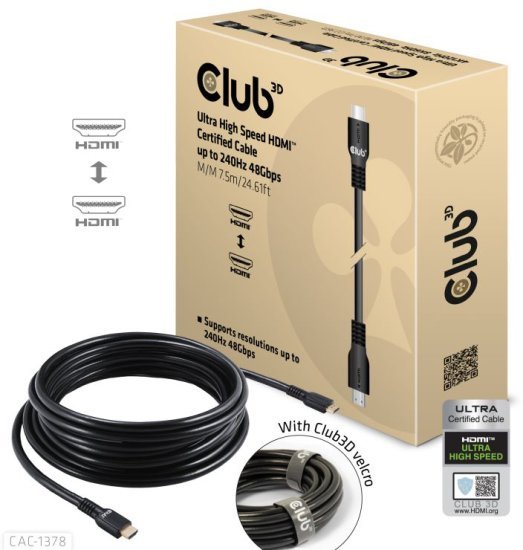 כבל HDMI 2.1 Ultra High Speed זכר ל-HDMI זכר באורך 7.5 מטר עם תמיכה ב-Club3D CAC-1378 4K240Hz / 8K60Hz