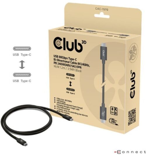 כבל Club3D 4K540Hz/8K240Hz / 16K60Hz 80Gbps PD 240W 48V / 5A EPR CAC-1570 בחיבור USB4 Type-C זכר - אורך 1.2 מטר