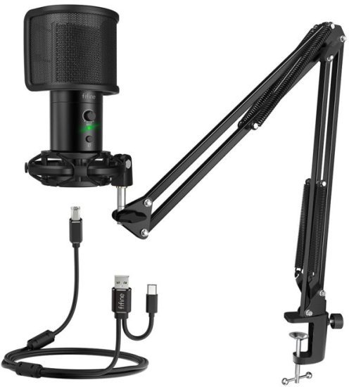 ערכת מיקרופון שולחני לפודקאסט Fifine T683 - עם פופ פילטר, ווסת עוצמה, יציאת אוזניות וחיבור USB Type-C ל-USB Type-A
