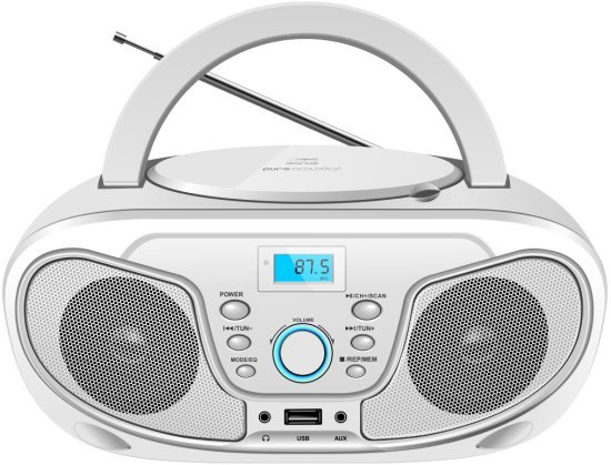 רמקול Boombox נייד עם נגן דיסקים ורדיו Pure Acoustics - צבע לבן
