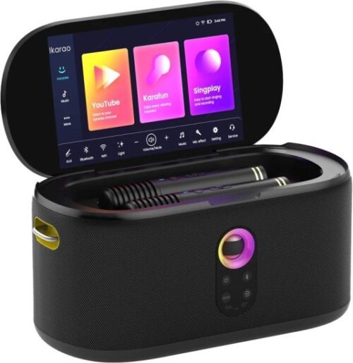 רמקול אלחוטי נייד לקריוקי ומסיבות עם מסך 10.1 אינץ' HD דגם Shell S1 מבית Ikarao - מגיע עם 2 מיקרופונים אלחוטיים