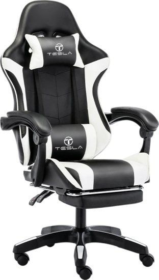 כיסא גיימינג כולל כרית עיסוי והדום נפתח לרגליים דגם 7008 מבית Tesla - צבע לבן