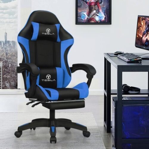 כיסא גיימינג כולל כרית עיסוי והדום נפתח לרגליים דגם 7008 מבית Tesla - צבע כחול