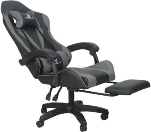 כיסא גיימינג כולל הדום לרגליים וכרית עיסוי חשמלית דגם 7001 מבית Tesla - צבע אפור