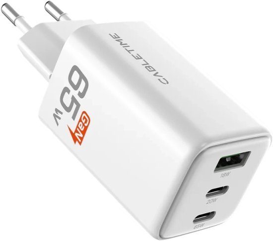 מטען קיר בטכנולוגיית Gan עם 3 יציאות 2XType-C+USB-A 65W מבית Cable Time