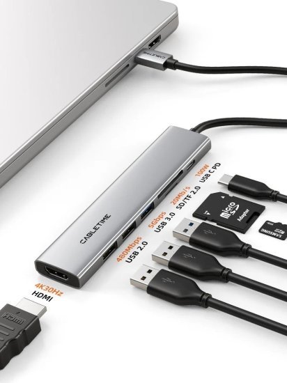 מפצל USB-C לחיבורי HDMI 4K USB-A USB-C וחריץ הרחבה Micro SD מבית Cable Time