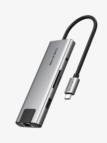 מפצל USB-C ל-9 חיבורים HDMI/USB-A/USB-C/AUX / LAN וחריץ הרחבה Micro SD + SD מבית Cable Time
