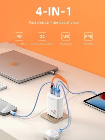 מטען קיר בטכנולוגיית GaN עם 4 יציאות 3XType-C+USB-A 150W דגם G150W מבית Cable Time - צבע לבן