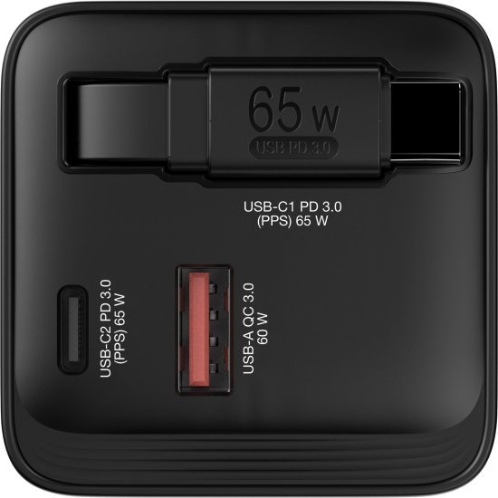 מטען קיר קומפקטי 65W עם 2 יציאות USB-C ו-USB-A וכבל Type-C נשלף לטעינה מהירה GaN מבית Verbatim