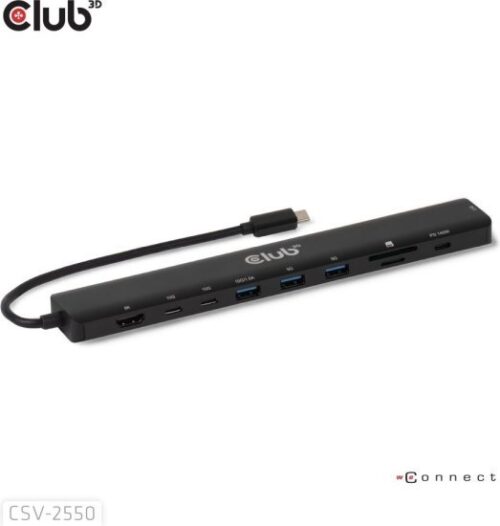 תחנת עגינה (Dock) ניידת 10 ב-1 עם תמיכה ברזולוציה של 8K@30Hz ו-Power Delivery 3.1 של עד כ-140W דגם CSV-2550 מבית Club3D