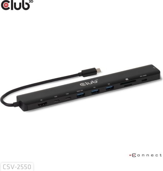 תחנת עגינה (Dock) ניידת 10 ב-1 עם תמיכה ברזולוציה של 8K@30Hz ו-Power Delivery 3.1 של עד כ-140W דגם CSV-2550 מבית Club3D