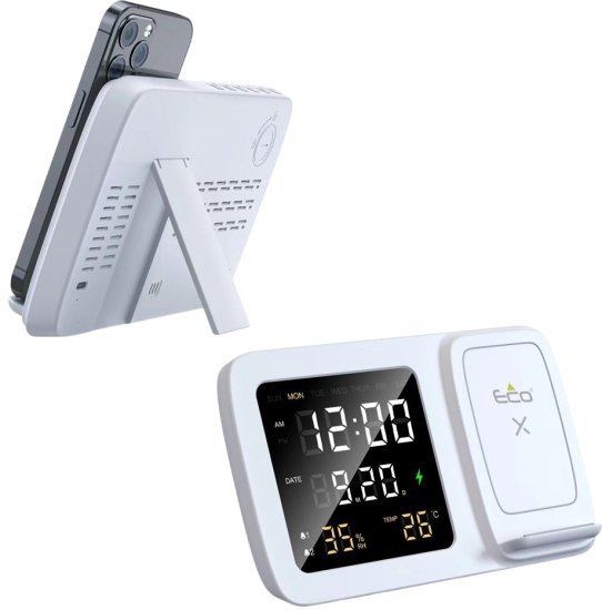 משטח טעינה אלחוטי עם שעון דיגיטלי דגם ECO-WCH 480W מבית Eco - צבע לבן