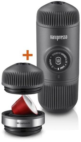 באנדל מכונת אספרסו ניידת Wacaco Nanopresso + NS Adapter - תואמת לקפה טחון וכוללת מתאם לקפסולות קפה Nespresso