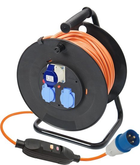 414458_b_1.jpg תוף מאריך נייד עם פחת על כבל 3X2.5 מ''מ עם 2 שקעים ישראלים + שקע ותקע סיקון 3x16A CEE באורך 25 מטר Deko