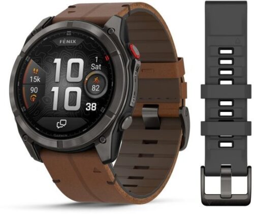 שעון חכם Garmin Fenix 8 Pro AMOLED Sapphire 51mm - צבע טיטניום DLC אפור קרבון עם רצועת עור בצבע אגוז ורצועת סיליקון בצבע שחור / אפור חלוקי נחל - כולל תמיכה מלאה בעברית - אחריות יבואן רשמי על ידי רונלייט