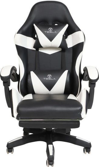 כיסא גיימינג כולל הדום לרגליים וכרית עיסוי חשמלית דגם 7038 מבית Tesla - צבע לבן
