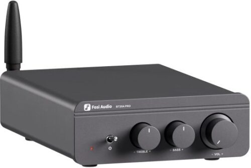 מגבר סטריאו דיגיטלי קומפקטי עם חיבור Bluetooth וספק כוח 48V / 5A, המיועד להגברת שמע לרמקולים פאסיביים בבית או במשרד דגם BT20A Pro מבית Fosi Audio