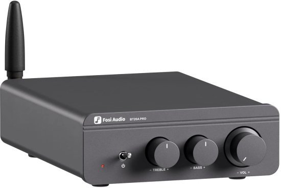 מגבר סטריאו דיגיטלי קומפקטי עם חיבור Bluetooth וספק כוח 48V / 5A, המיועד להגברת שמע לרמקולים פאסיביים בבית או במשרד דגם BT20A Pro מבית Fosi Audio