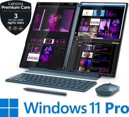 מחשב נייד עם שני מסכי מגע Lenovo Yoga Book 9-14IAH10 83KJ001LIV - צבע Tidal Teal - מעמד Folio, עכבר Yoga® Slim ועט Yoga כלולים בתוך האריזה כמתנה!