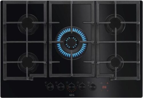 כיריים גז 5 להבות בישול 74 ס''מ עם טיימר מובנה AEG Step Power HKB75341NB - זכוכית שחורה / מסגרת נירוסטה