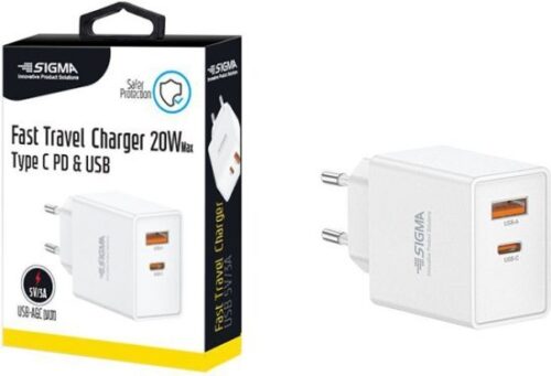 מטען קיר לטעינה מהירה Sigma 20W Type-C PD & USB - צבע לבן