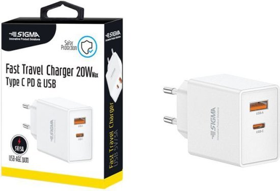 מטען קיר לטעינה מהירה Sigma 20W Type-C PD & USB - צבע לבן