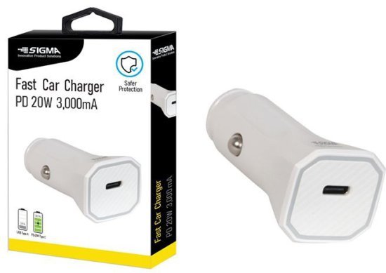 מטען רכב מהיר Sigma USB-C PD 20W 3A- צבע לבן