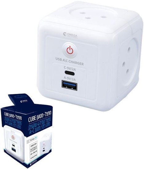 מפצל קוביה 4 שקעים + מטען USB Type A ו-Type C מבית OMEGA